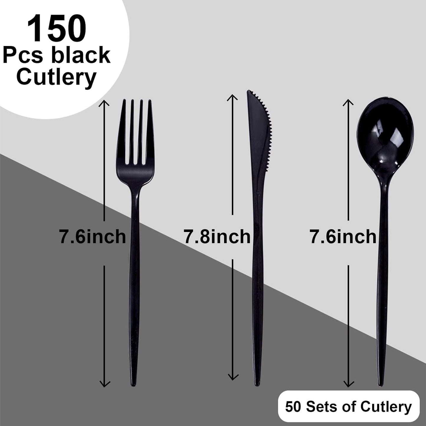 PULOTE 150PCS Black Plastic Silverware Set Disposable - Heavy Duty Black Plastic Cutlery - Black Plastic Utensils Set Include 50 Forks,50 Spoons,50 Knives for Party&New Year
