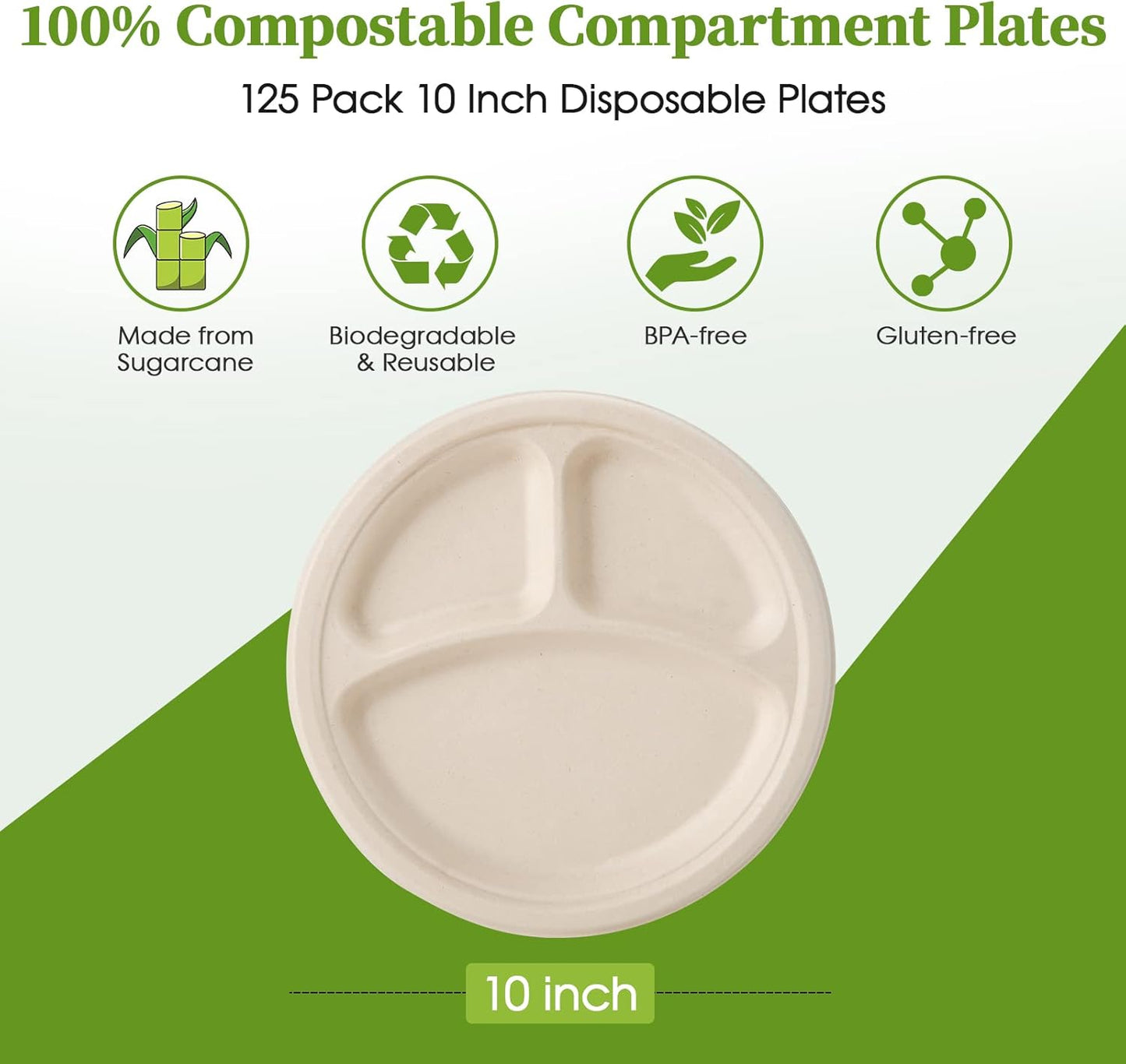 ECOLipak 125 Pack 3 Compartment Plates Disposable, 10 inch Heavy-Duty Compostable Paper Plates Made of Eco-Friendly Sugar Cane Fibers