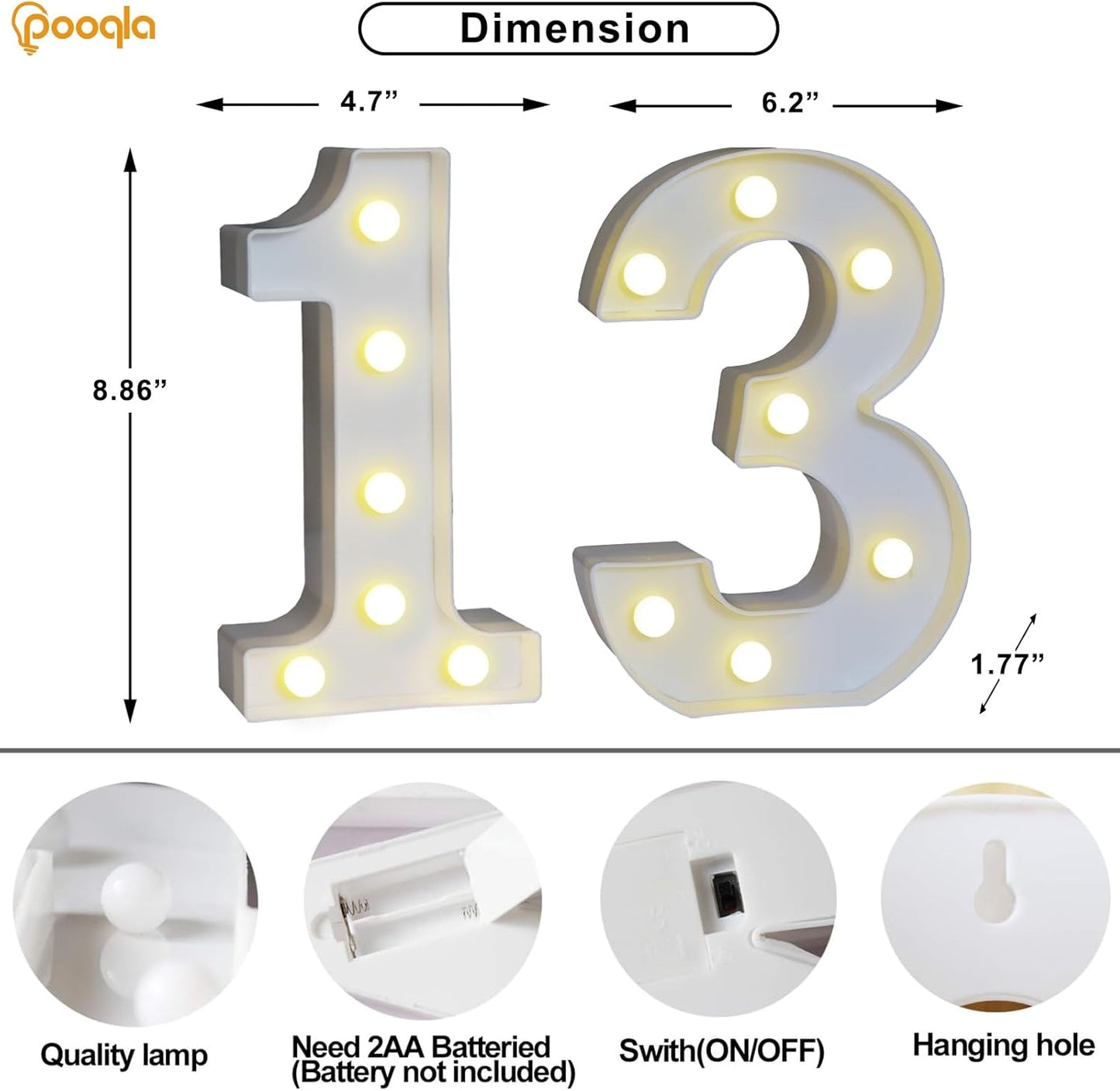 Pooqla 13th Birthday Decorations for Girls Boys, Light Up Number 13 for Party Table Decorations, 13th Birthday Gift for Girls, Backdrop Wall Decor for 13th Wedding Anniversary Decoration