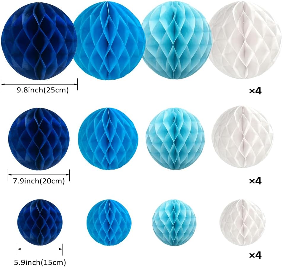 Aiminjey 12Pcs White Blue Paper Honeycomb Flower Balls 6'' 8'' 10'' Decorative Tissue Honeycomb Balls Paper Pom Poms Hanging Flower Balls Craft Kit for Wedding Nursery Room Home Party Décor