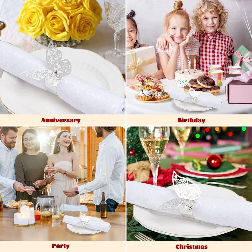 150 Pcs Napkin Rings Laser Cut Butterfly Shape Foil Paper Napkin Holder for Weddings Party Serviette Table Decoration Restaurant (Silver)