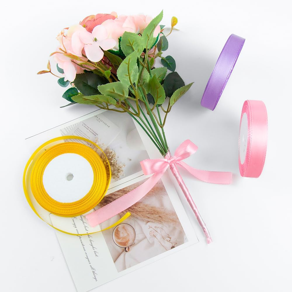 KMER LIFE 3/8 Inches x 25 Yards Golden Satin Ribbon Solid Fabric Ribbons for Crafts, Wedding Decor, DIY Hair Accessories, Sewing, Gift Package Wrapping, Valentine's Day Bouquet and More