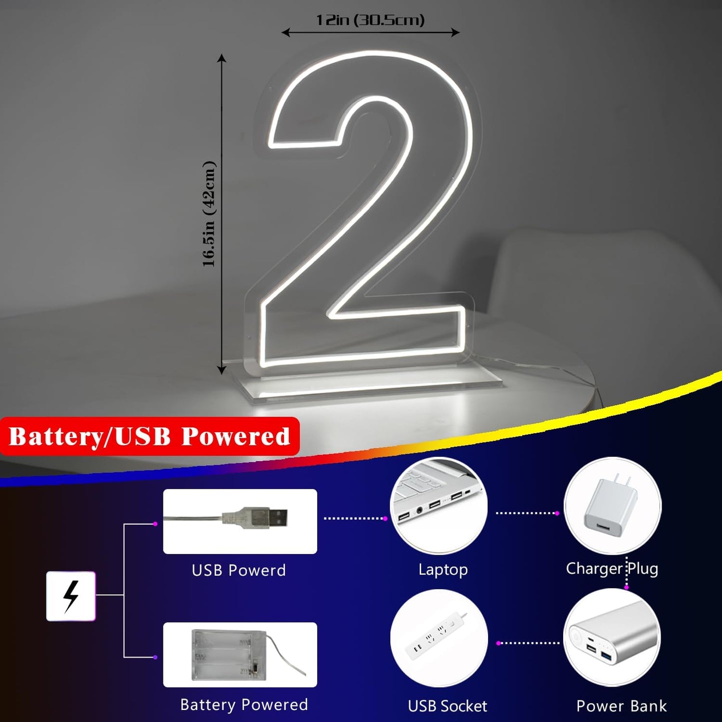 Number 2 Neon Sign for Bedroom, 16.54" Cool White USB Battery Powered Birthday Neon Sign for Party Wedding Anniversary Decor Light Sign (Number 2)