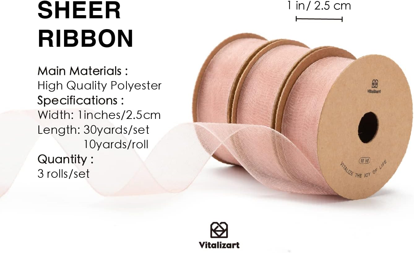 Vitalizart Rose Gold Ribbon Organza Sheer Ribbon 1 inch x 30Yd Handmade Fabric Light Pink Ribbons for Gift Wrapping Christmas Tree Crafts Bows Wedding Invitations Wreaths Wrap