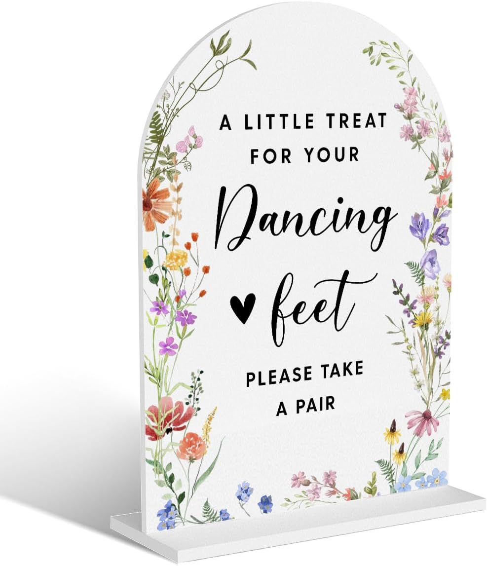 Acrylic Wedding Signs, Dancing Feet Signs for Marriage Reception, Bridal Shower Decorations, Modern Arched Round Top Acrylic Table Top Sign with Holder for Wedding Party Dinner (White Wildflowers)