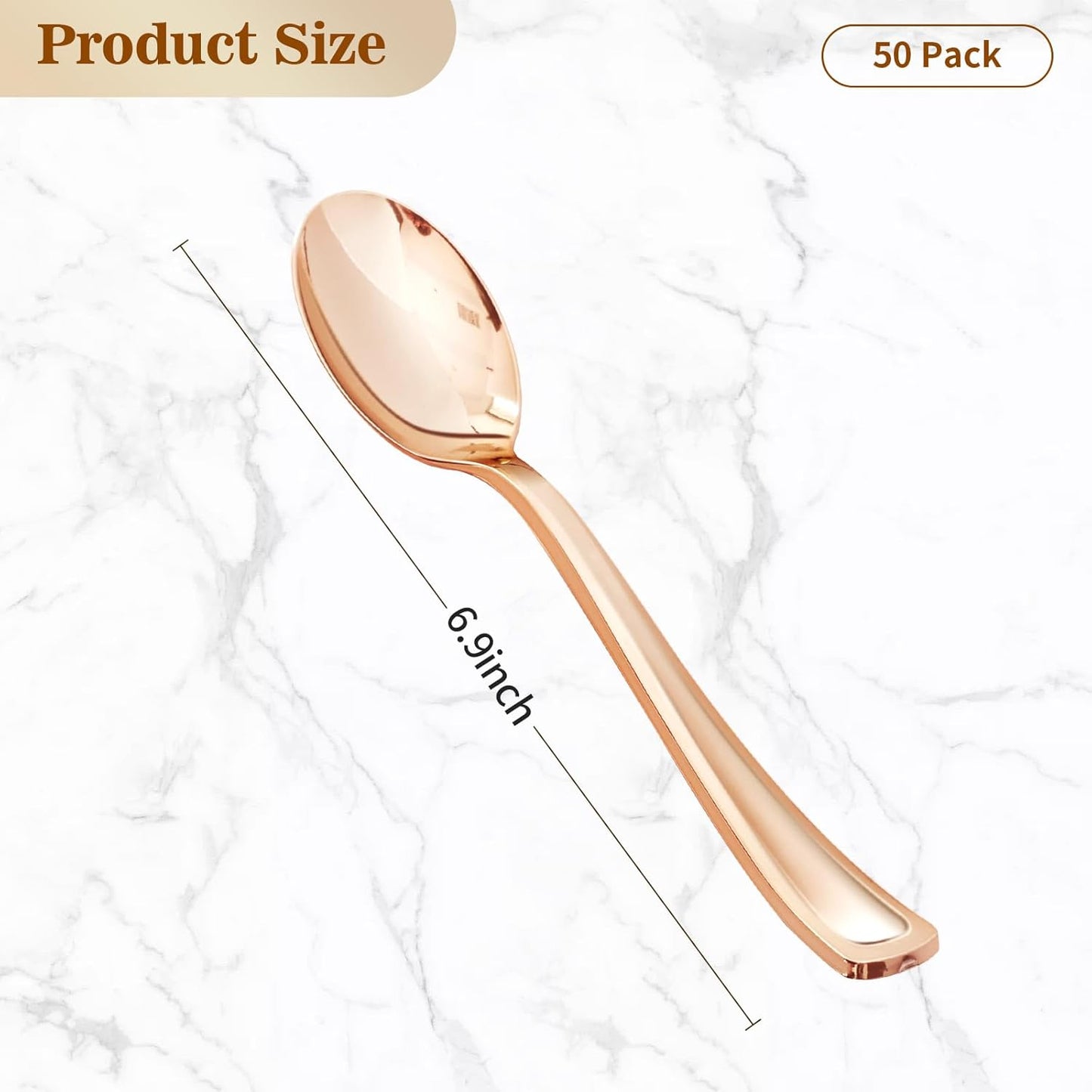 BESTVIP 50 Pack 6.9 Inch Rose Gold Plastic Spoons, Heavy Duty Plastic Silverware, Heavyweight Rose Gold Spoons, Disposable Serving Utensils for Catering, Parties, Dinners, Weddings, Christmas