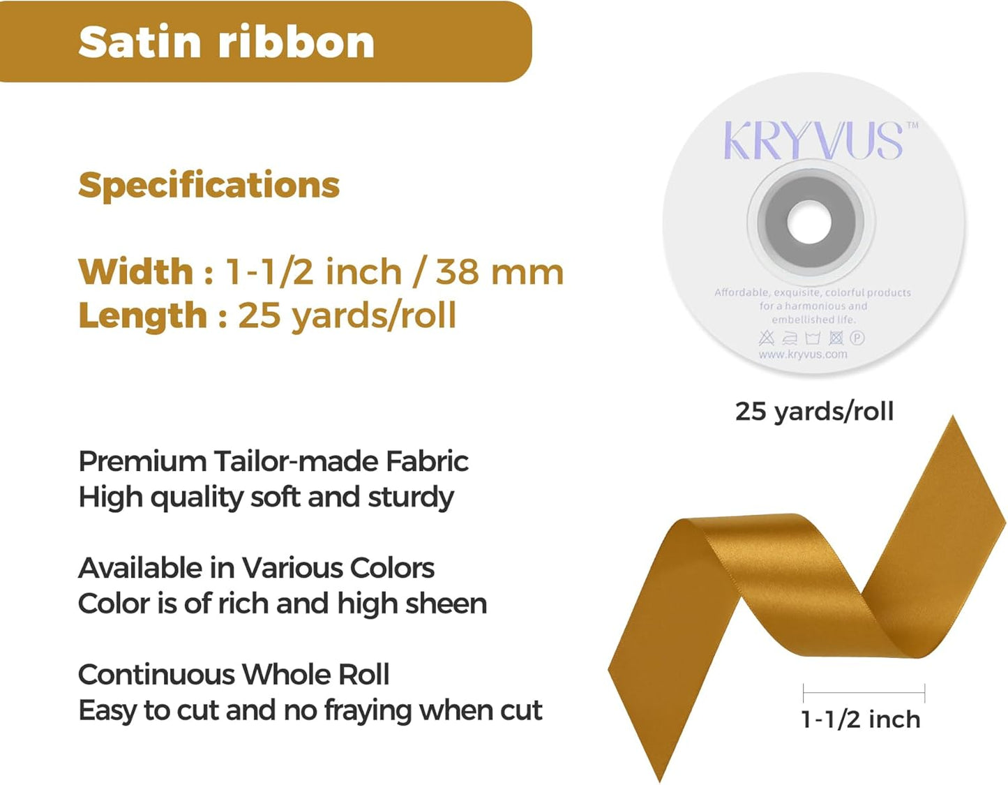 Gold Satin Ribbon 1-1/2 inch X Continuous 25 Yards, Single Face Polyester Ribbon Perfect for Gift Wrapping, Flower Bouquet, Wedding Decor, Crafts, Bow Making, Sewing and More