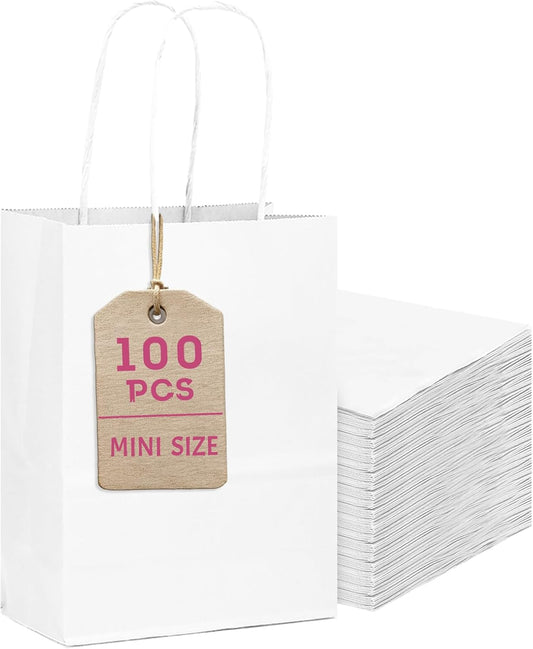 Bakepacker 100 Pcs White Mini Paper Gift Bags with Handles 6"x4.5"x2.5" Party Favor Bags Multiple Uses (Mini size)