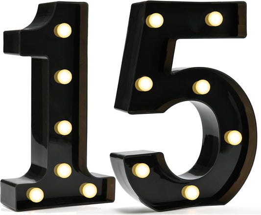 Pooqla Decorative Led Light Up Number Letters, Black Plastic Marquee Number Lights Sign for 15th Birthday Party Wedding Decor Battery Operated Black Decoration 15