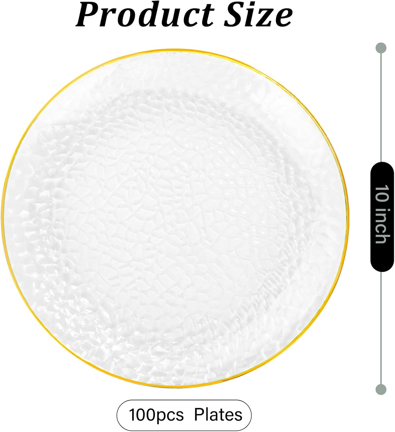 Rubtlamp 100 Pcs Gold Plastic Plates - 10 inch Clear Gold Dinner Plates - Hammer Pattern Design - Fancy Disposable Plate - Heavy Duty Party Plate Ideal for Wedding