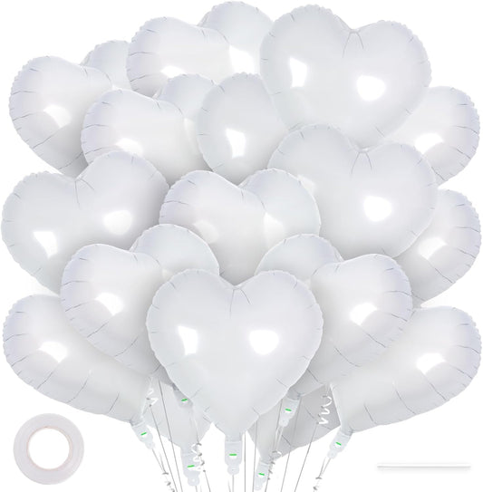 24 White Heart Balloons, 18 inch Heart Shape Foil Balloons for Love, Valentine, Birthday, Wedding, Engagement, Baby Shower & Valentine Day Decorations