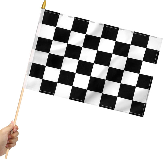 12 Pack Checkered Small Stick Flag 12x18 Inch Black and White Racing Hand Held Race Car Flags Decorations