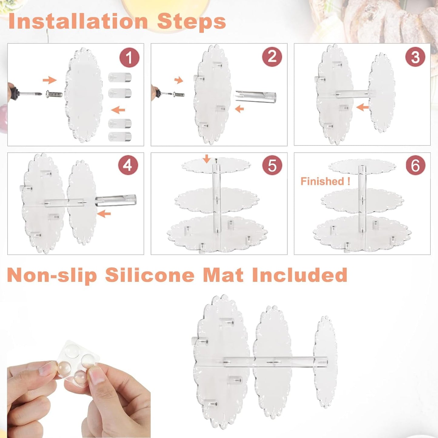 3 Tiers Acrylic Cupcake Stand, Lacework Design Cake Tower Stand Holder Macaron Display Rack Cookie Candy Buffet Desserts Platter with Base for Baby Shower, Birthday, Wedding