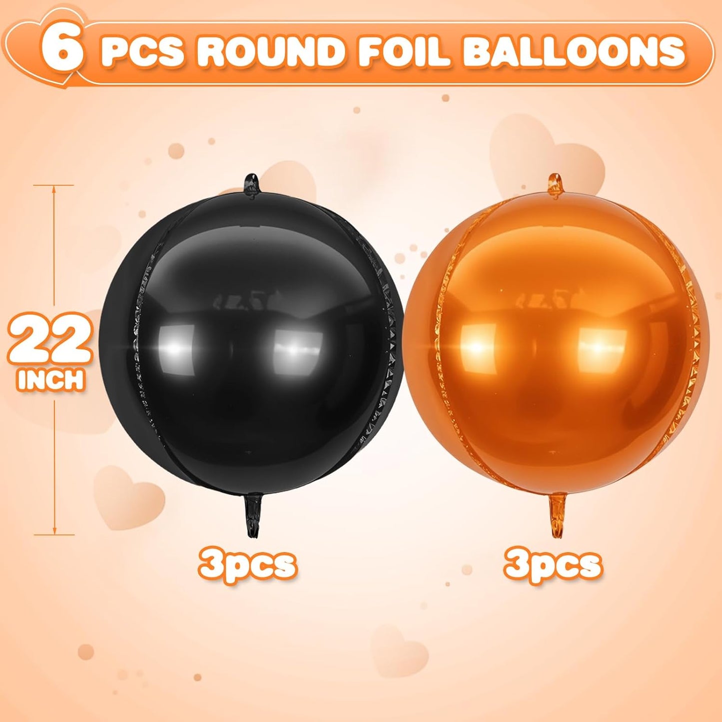 6Pcs Black Orange Round Foil Balloons,Giant 4D Round Ball Balloon,22 Inch Metallic Orange Black Balloons for Halloween Graduation Spooky Party Decorations