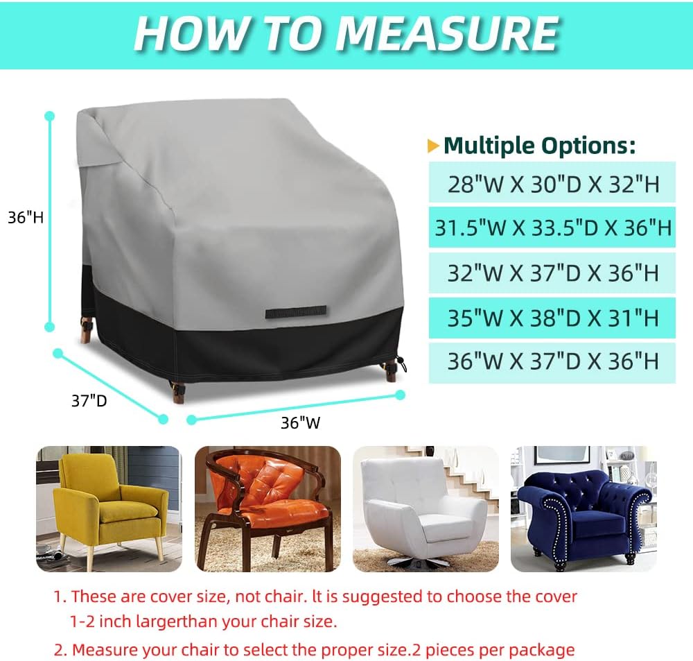 Patio Swivel Chair Cover Waterproof 2 Pack, 600D Heavy Duty Outdoor Furniture Covers for Universal Lawn/Deck/Garden/Backyard Fits up 36" W*37" D*36" H, Gray/Black