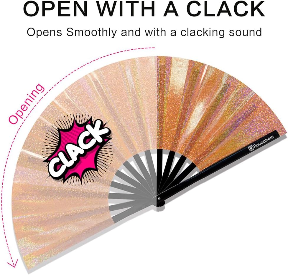 Large Rave Fan, Clack Folding Hand Fan with Premium Fabric, Thick Bamboo Frame for Men Women Gift for EDM, Festival, Club, Party, Dance, Decoration (Lridescent Orange, 13")