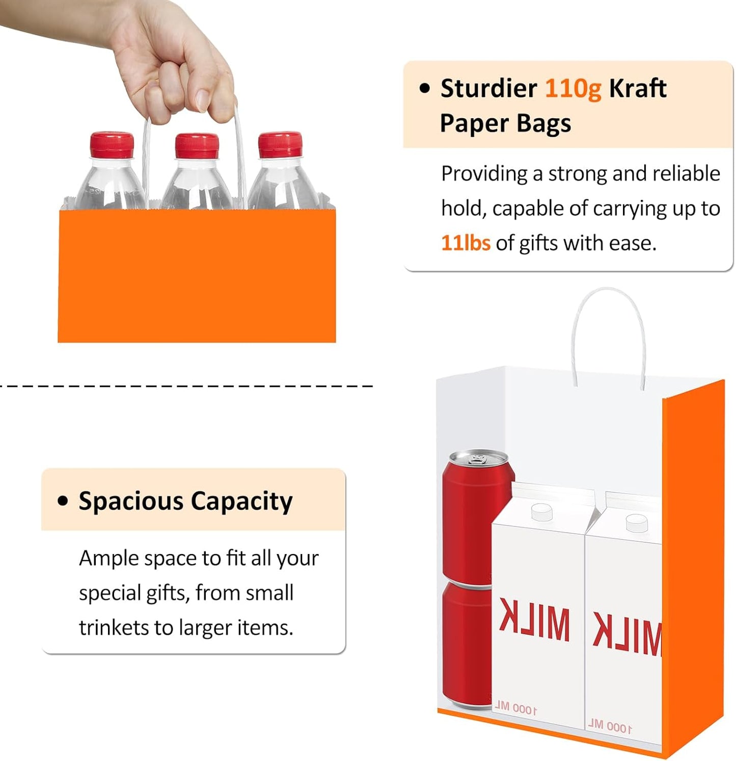 BagDream Orange Gift Bags 10x5x13 Inch 100Pcs Large Kraft Paper Bags Bulk for Halloween, Sporting Party Favors, Fall Festivals, Wedding, Shopping, Retail, Grocery