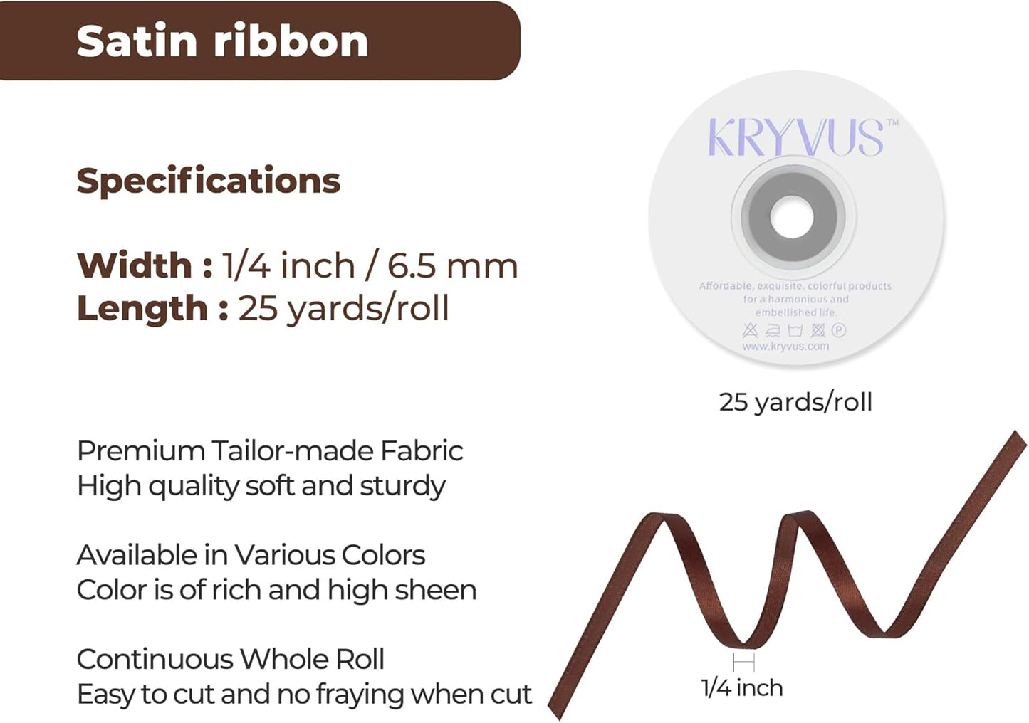 Dark Brown Satin Ribbon 1/4 inch X Continuous 25 Yards, Single Face Polyester Ribbon Perfect for Gift Wrapping, Flower Bouquet, Wedding Decor, Crafts, Bow Making, Sewing and More