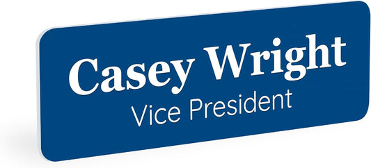 ExcelMark Custom Name Tag - Engraved Name Badge with Pin or Magnetic Backing, 16 Colors, 6 Fonts, and 2 Sizes to Choose from (Blue w/White Letters, 1"x 3")