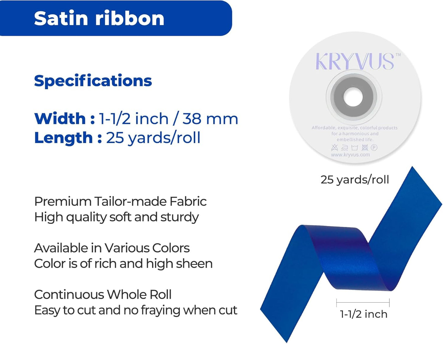 Dark Royal Blue Satin Ribbon 1-1/2 inch X Continuous 25 Yards, Single Face Polyester Ribbon Perfect for Gift Wrapping, Flower Bouquet, Wedding Decor, Crafts, Bow Making, Sewing and More