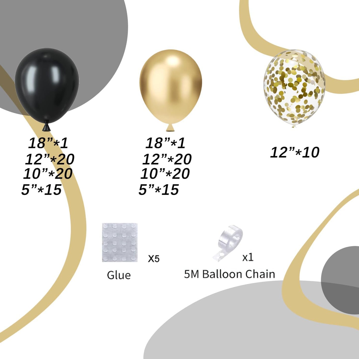 Black and Gold Balloons Arch Garland Kit, 122pcs Gold and Black Confetti Balloons with 16ft Tape Strip & Dot Glue for Graduation Birthday New Year Party Decorations