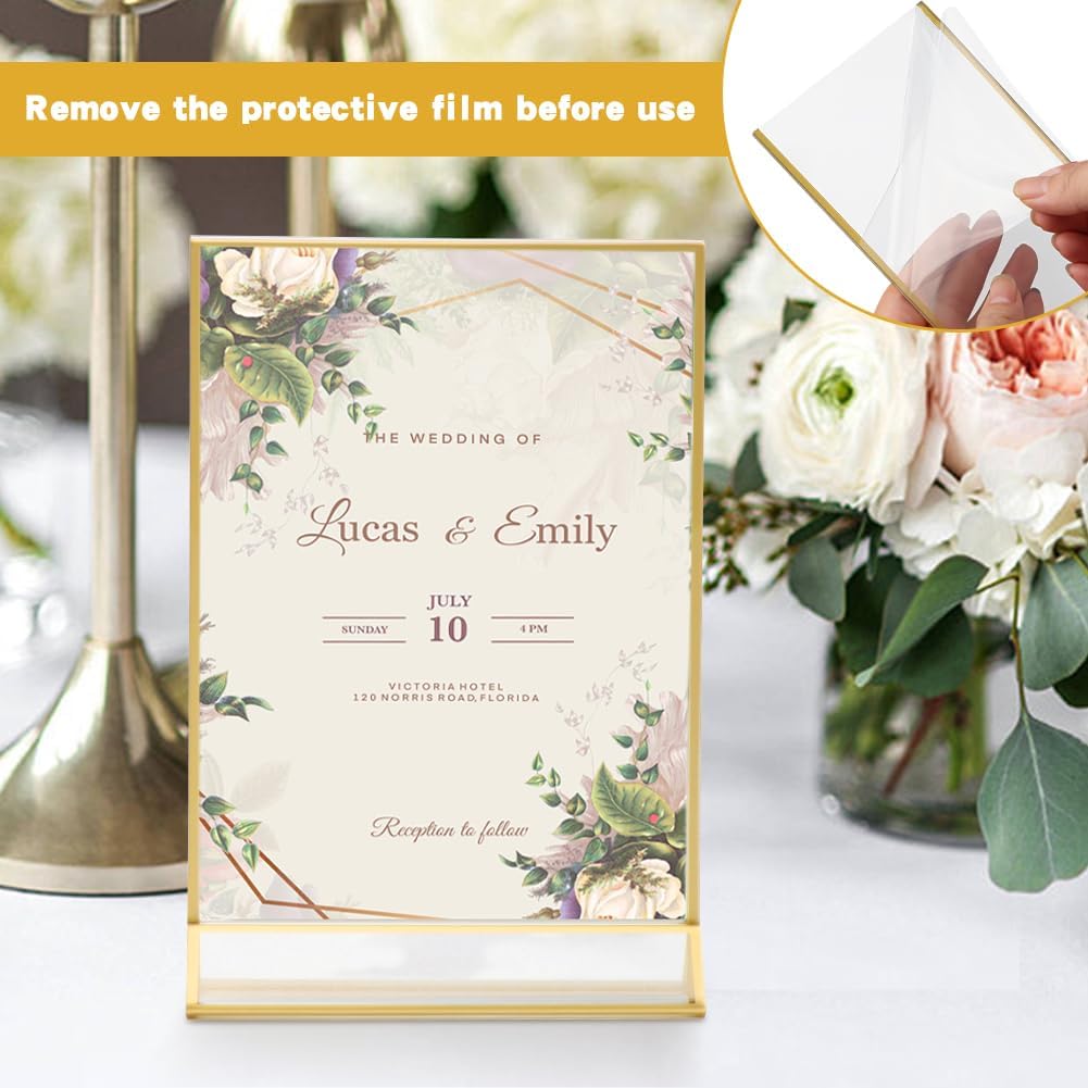 12 Pack Gold Acrylic Sign Holder 5 x 7 inch, Double Sided Gold Picture Frame Stand up Table Top Sign Holders, Wedding Table Number Frames Vertical for Party, Home, Office(5 x 7inch)