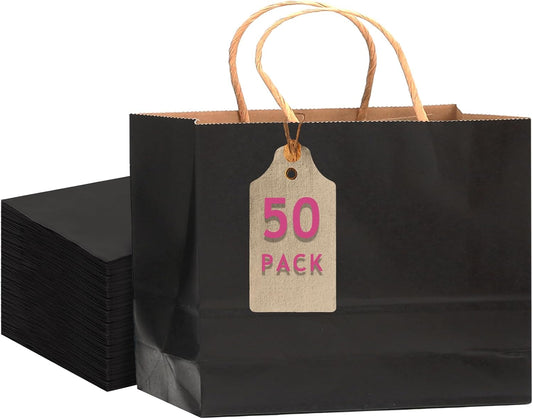 qiqee 50-Packs Black Paper Gift Bags with Handles Bulk 12.6"x4.3"x10" Wide Large Size Party Favor Bags Multiple Uses