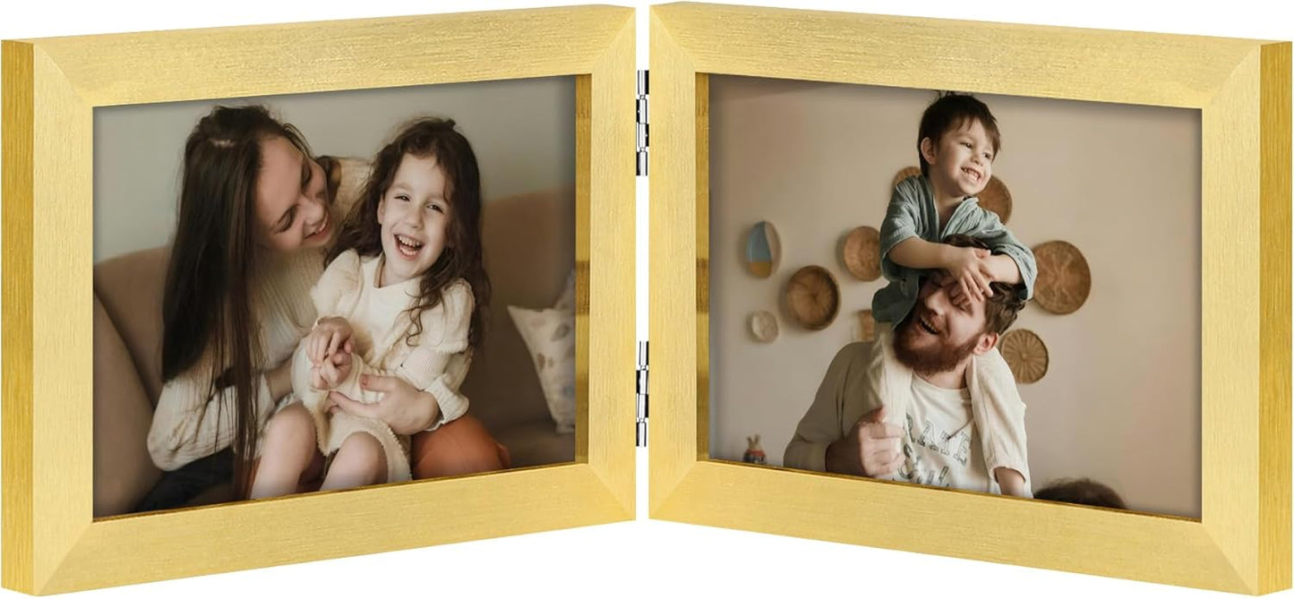decorUhome Double 6x4 Picture Frame Horizontal, Engineered Wood Bifold Photo Frame with Plexiglass for Tabletop Display, 6x4, Gold