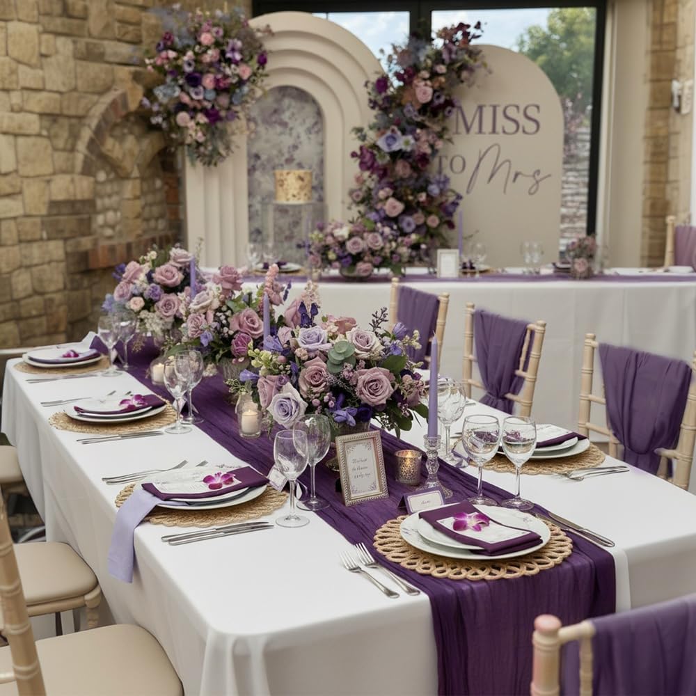 6 Pack Plum Purple Cheesecloth Table Runner 35x120 Inch Boho Gauze Table Runner Rustic Cheese Cloth Long Romantic Table Runners for Wedding Bridal Shower Birthday Party Table Decor