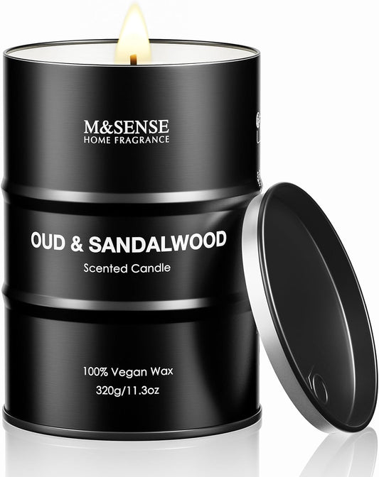 M&SENSE Scented Candle, Oud Sandalwood Medium Jar Candle Gifts for Men, 70 Hours Slow Burning Natural Soy Candles 11.3oz, Stress Relief Aromatherapy Candles Home Decor, Valentines Day Gifts for Him