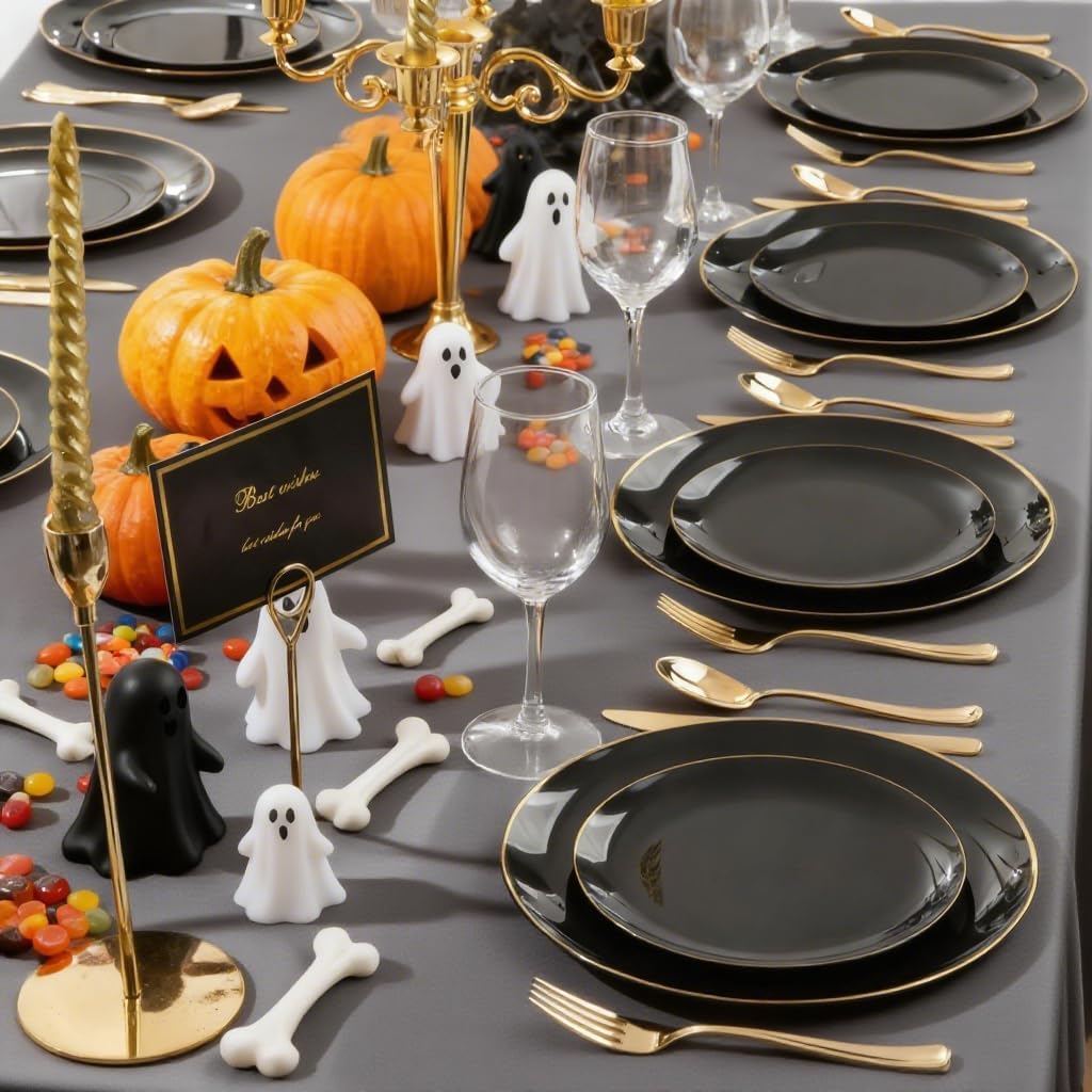 KIRE 100PCS Black and Gold Plates - Black Plastic Plates Disposable with Gold Rim for Halloween Party/Wedding/Birthday Include 50Pcs 10.25inch for Dinner and 50Pcs 7.5inch for Dessert/Salad