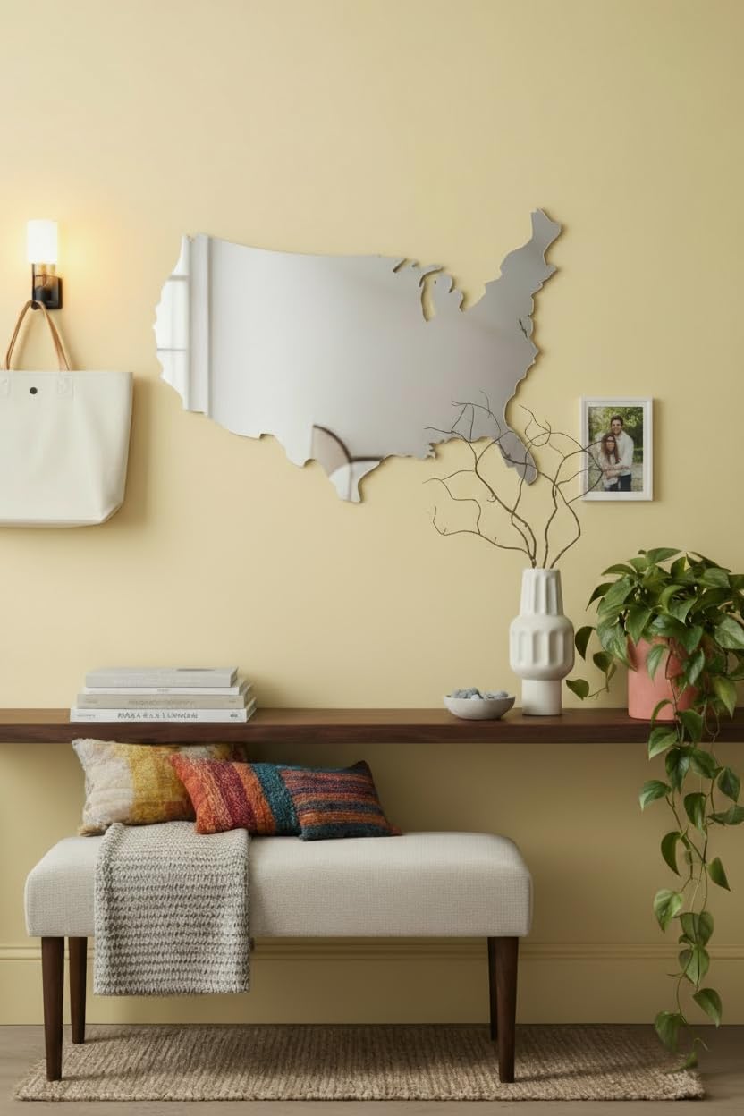 4th of July Patriotic USA Map Mirror – 27.5"x18.7" Frameless Asymmetrical Decorative Acrylic Mirror – Modern Patriotic Decor for Bedroom, Office, Entryway