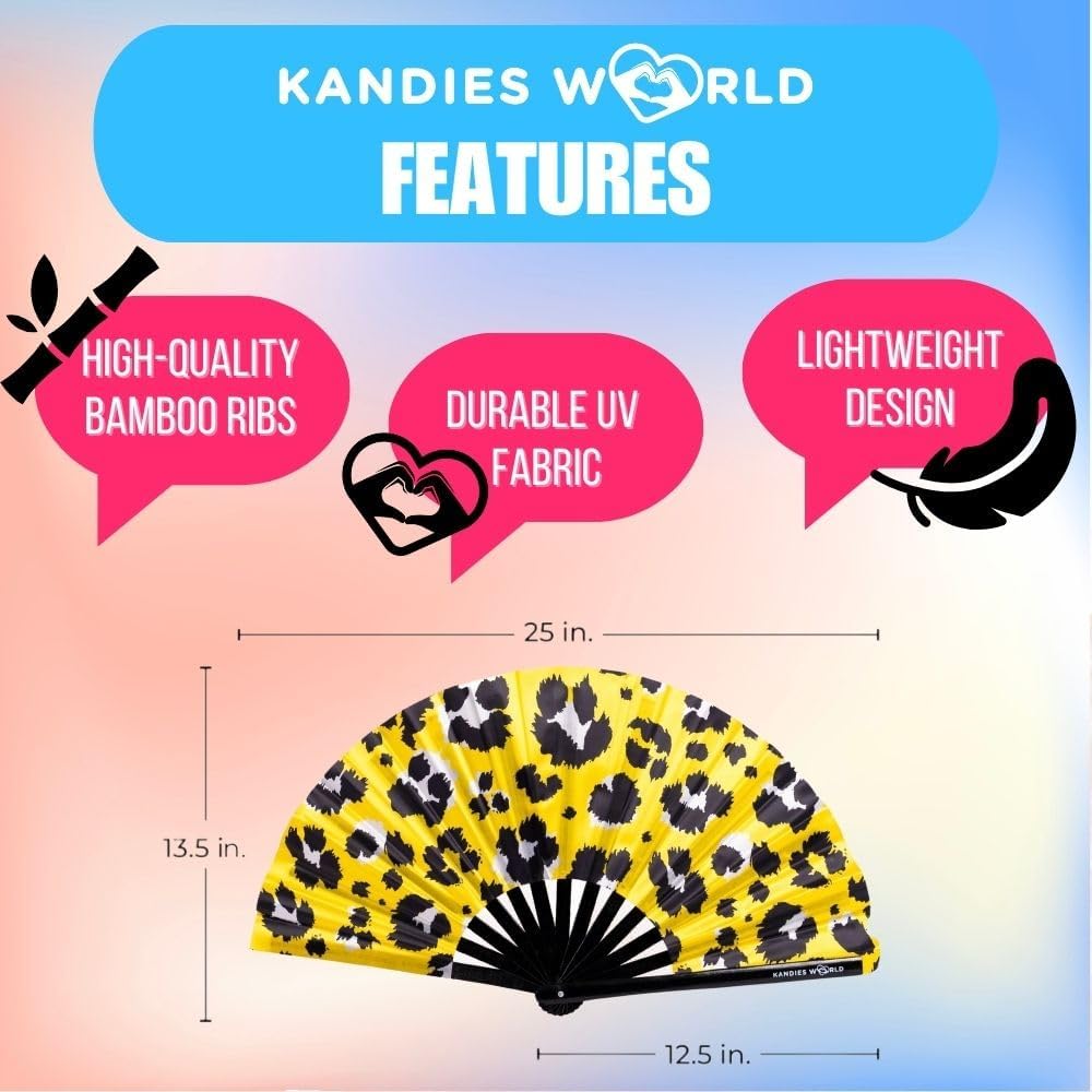 Kandies World UV Reactive Custom Festival Folding Hand Fan - Unique Designs, Made of Bamboo, Clacking Sound, Lightweight - Perfect Rave and Festival Accessory!