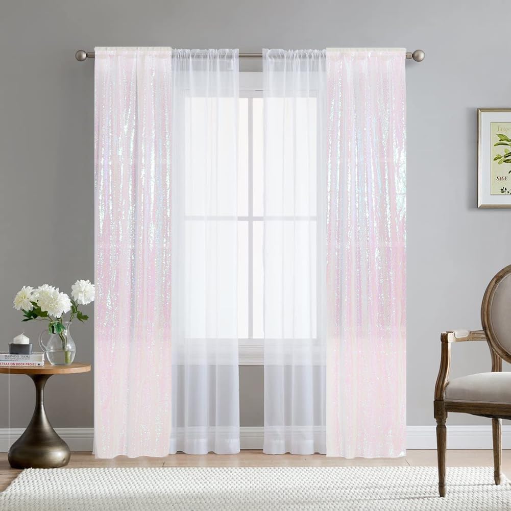 SquarePie Sequin Backdrop 2FTx8FT Iridescent 2pcs Curtain Background for Wedding Party Christmas Decoration