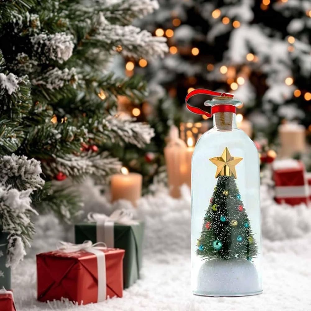 Christmas Tree Message in a Bottle, Recordable Christmas Tree Voice Message Bottle Ornament for Tabletop, Holiday Memories, Snowy Scene in Nostalgic Bottle, Christmas Trees Decoration Gift (3 pcs)
