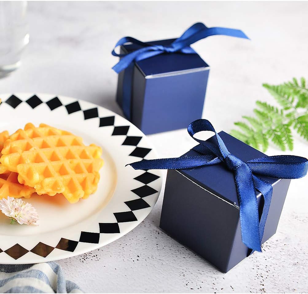 AWELL Navy Blue Gift Candy Box Bulk 2x2x2 inches with Blue Ribbon Party Favor Box,Pack of 50