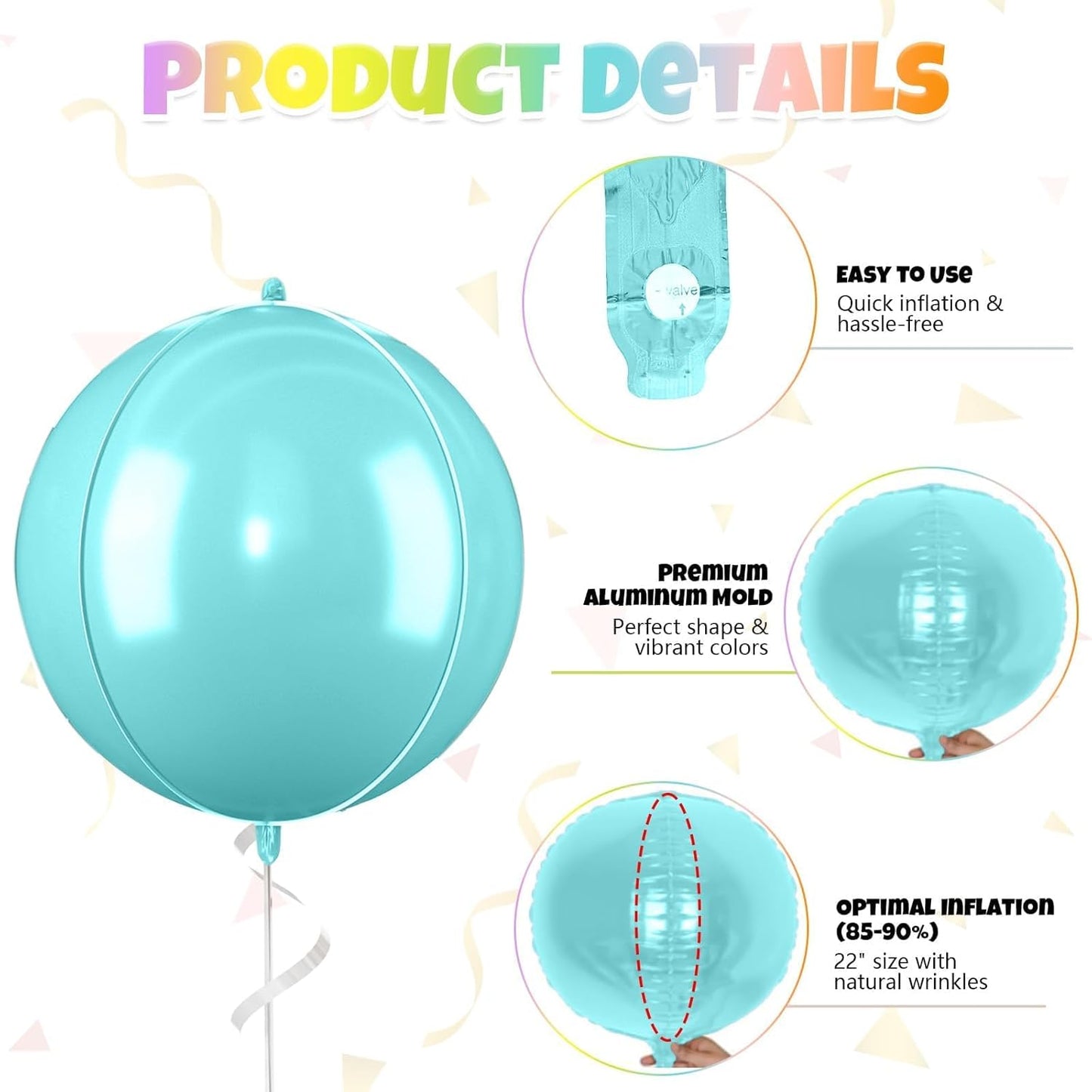 Giant 4D Foil Balloons, 6Pcs Pink Yellow Purple Blue Green Orange Round Balloons, 22 Inch Big Round Foil Balloon for Rainbow Balloon Birthday Party Baby Shower Wedding Decorations