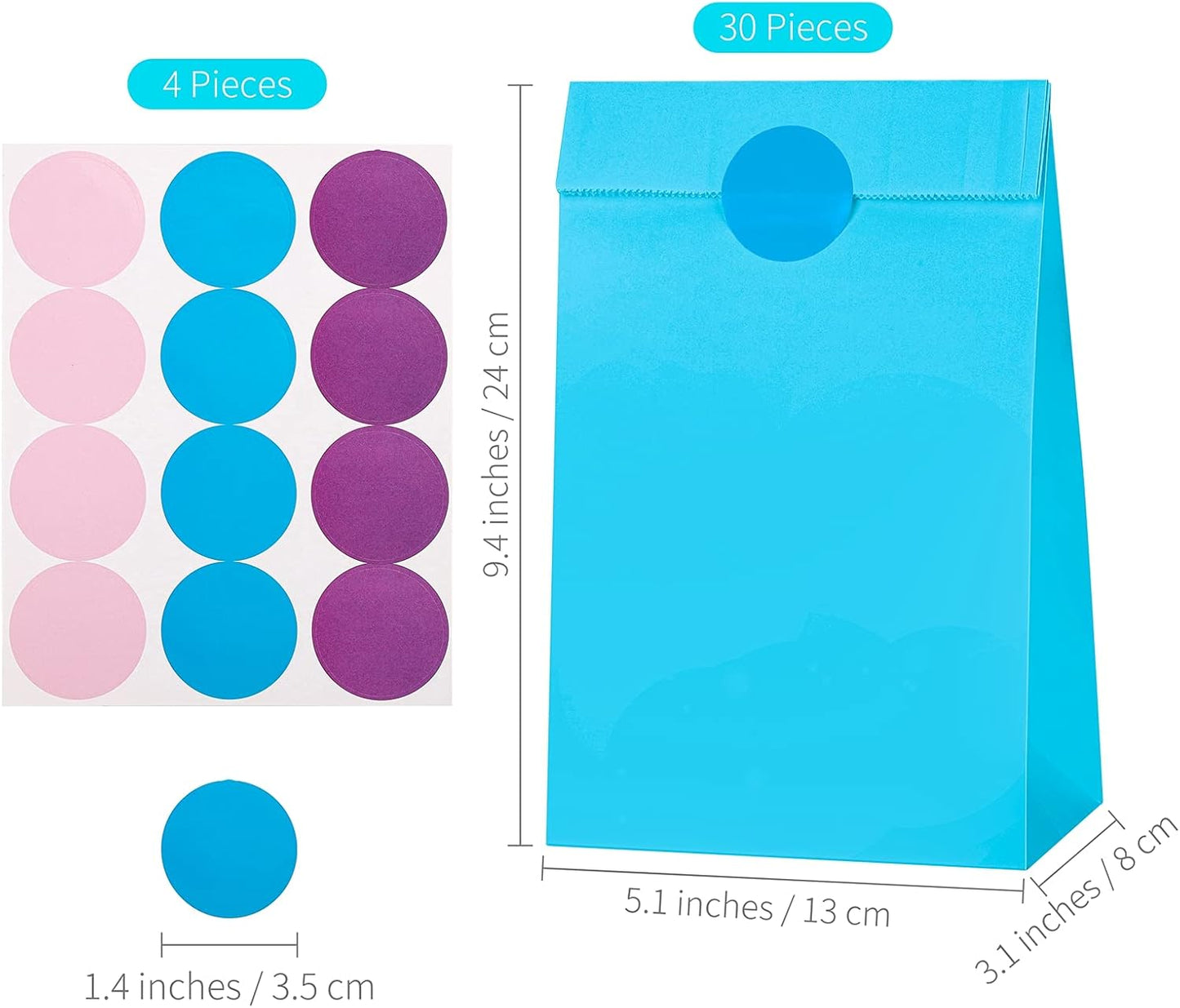 Cooraby 30 Pieces 5.1 x 3.1 x 9.4 Inches Colorful Kraft Paper Bags with 48 Stickers Party Treat for Wedding, Celebration, Birthday Party Supplies (Sky Blue, Light Purple, Pink)