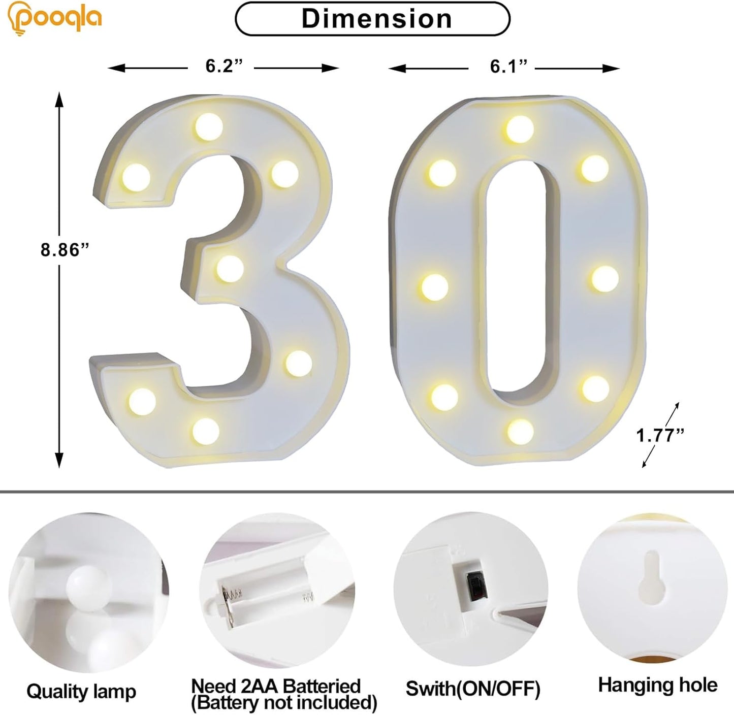 Pooqla 30th Birthday Decorations for Her Him, Light Up Number 30 for Party Table Decorations, 30th Birthday Gift for Women Men, Backdrop Wall Decor for 30th Wedding Anniversary Decoration