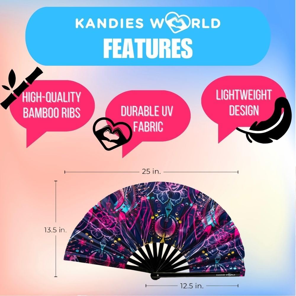 Kandies World UV Reactive Custom Festival Folding Hand Fan - Unique Designs, Made of Bamboo, Clacking Sound, Lightweight - Perfect Rave and Festival Accessory!