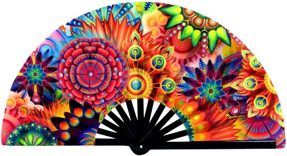 2 Pack Large Folding Rave Fan for Women/Men Holographic Festival Bamboo Clack Hand Fan Decorative Accessories for EDM, Music Festival, Event, Party, Dance, Performance,Halloween (Style-1)