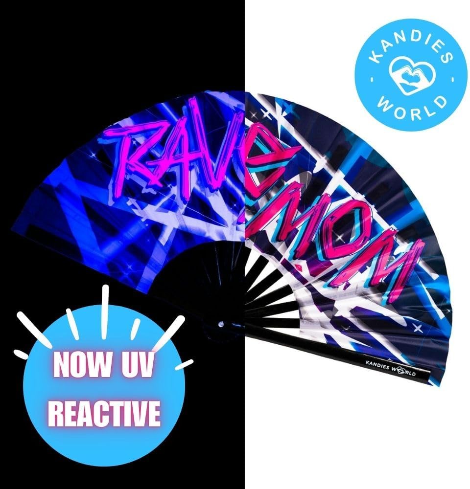 Kandies World UV Reactive Custom Festival Folding Hand Fan - Unique Designs, Made of Bamboo, Clacking Sound, Lightweight - Perfect Rave and Festival Accessory!