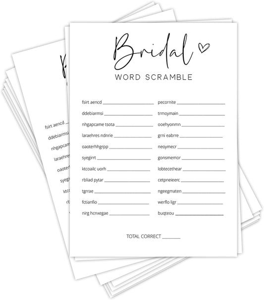 Bridal Shower Games, Word Scramble, 25Pcs Minimalist White Double-Sided Bridal Game Cards with 1 Answer Key, Wedding Shower Games for Guests, Engagement Bachelorette Party Supplies - A01