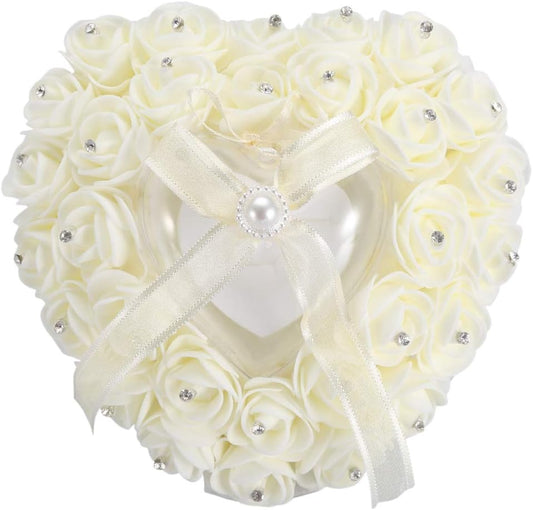 Hilitand Wedding Cushion Pillow Romantic Heart Shaped Wedding Box Rose Rhinestone Decorative Jewellery Boxes(Milky White)