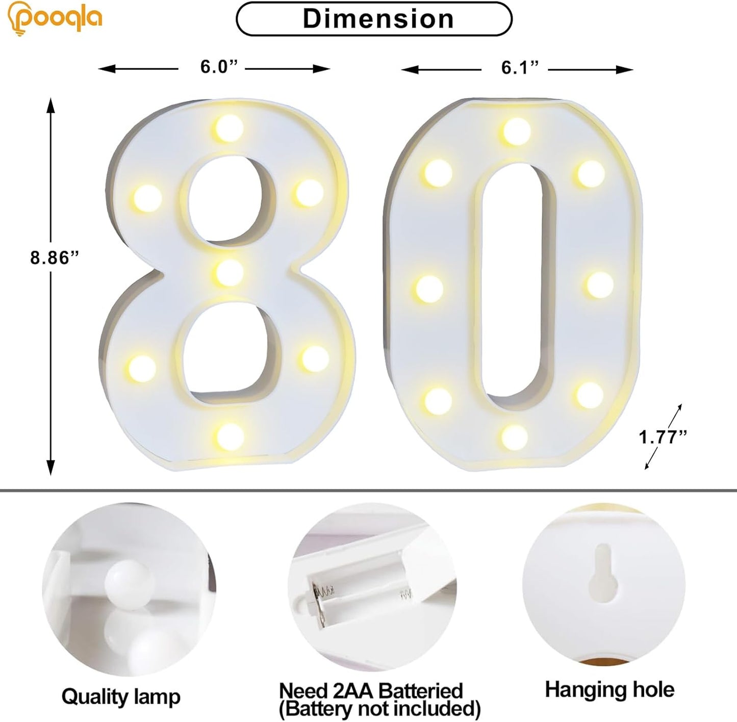Pooqla 80th Birthday Decoration for Woman Man, Decorative LED Light Up Numbers, Marquee Numbers 80 Sign for Party Backdrop 80th Wedding Anniversary Decor, Warm White and Cool White Number 80