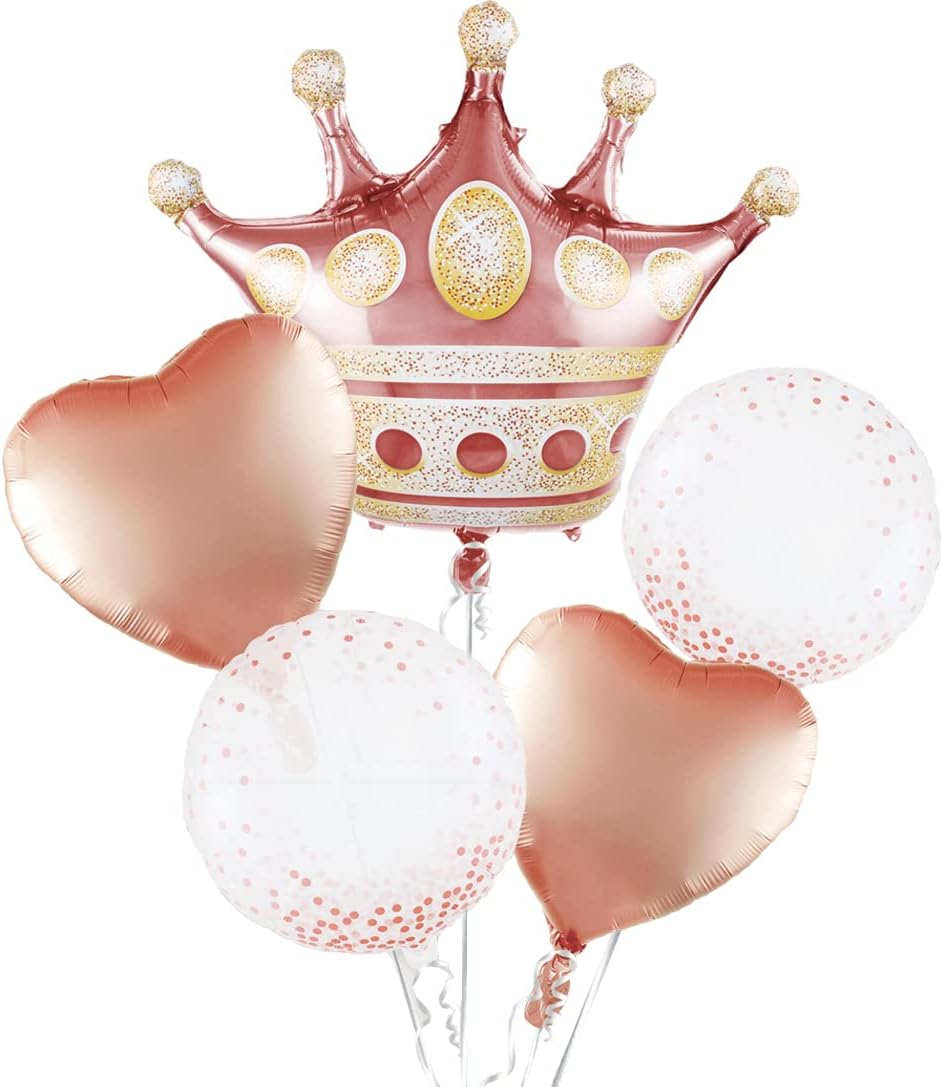 Crown Balloons Pack Of 5 Foil Mylar Helium Balloons For Quinceanera Party Decorations in Rose Gold, Clear Rose Gold Dot