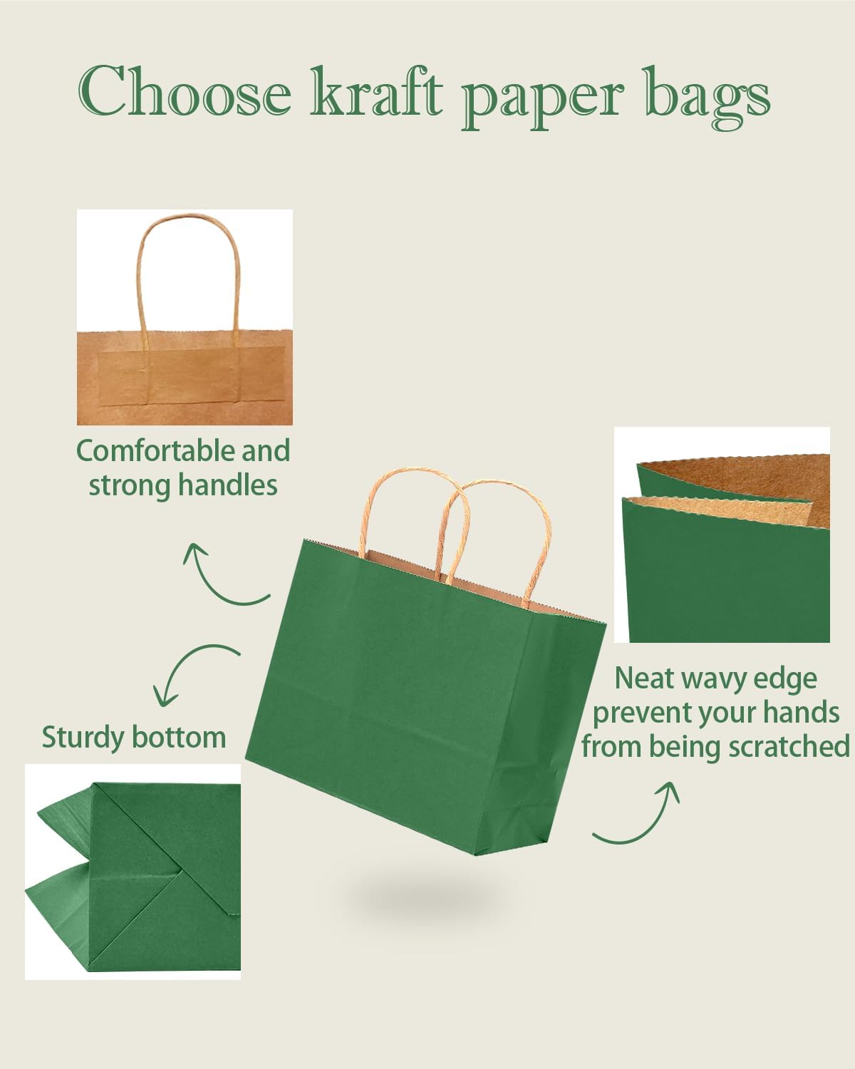 qiqee 50-Packs Kraft Deep Green Paper Gift Bags with Handles Bulk 12.6"x4.3"x10" Wide Large Size Party Favor Bags Multiple Uses