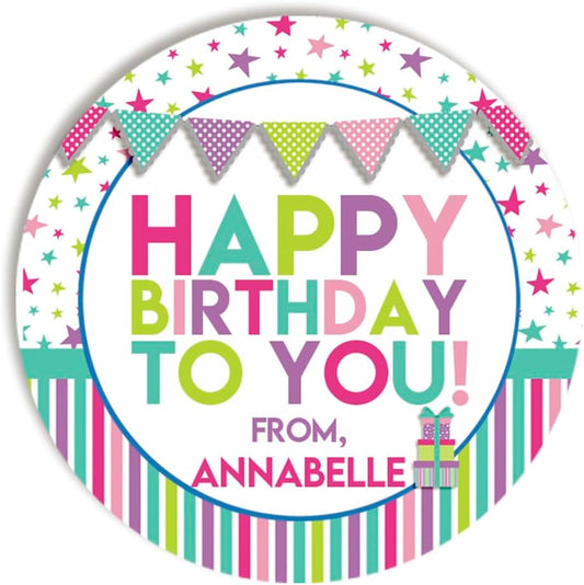 Custom & Personalized Happy Birthday to You Gift Tag Sticker Labels in Pastel Colors for Girls, 40 2" Party Circle Stickers by AmandaCreation, Also Great for Envelope Seals & Gift Bags