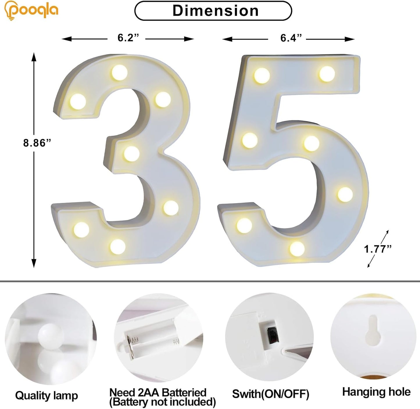 Pooqla Decorative LED Light Up Number Letters, White Plastic Marquee Number Lights Sign for 35th Birthday Party Wedding Decor, Battery Operated (35)