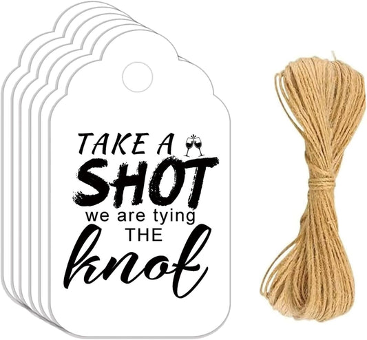 Take a Shot We are Tying (Or Tied) The Knot Tags with Hanging Hole Rectangle Kraft Paper Card Decorative Knot Tags for Engagement Party Wedding Decor, Bridal Party Gifts (Flower Border （White）)
